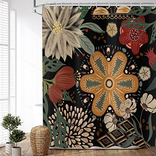 Duschvorhang Boho Blumen 180x200 cm, ASDCXZ Vintage Abstrakt Kunst Blume Blätter Schwarz Waschbar Bad Duschvorhänge Wasserdicht Polyester Textil Duschvorhang für Badewanne mit 12 Duschvorhang Haken