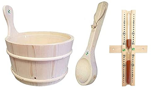 SudoreWell® Saunakübel Saunaeimer aus Espe 4,0 ltr. mit Einsatz + Saunakelle Plus Sanduhr Exklusiv 15 Minuten aus Kiefernholz mit rotem Sand