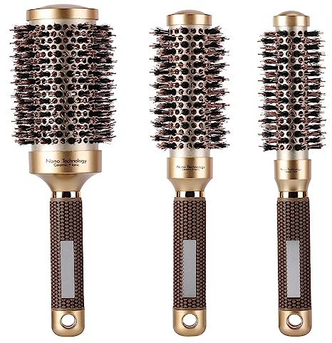 3 Pcs Boar Bristle Round Brush for Blow Drying, Nano Thermal Ceramic and Ionic Tech Hair Brush for Curling and Straightening - Large，Medium and Small Round Brushes
