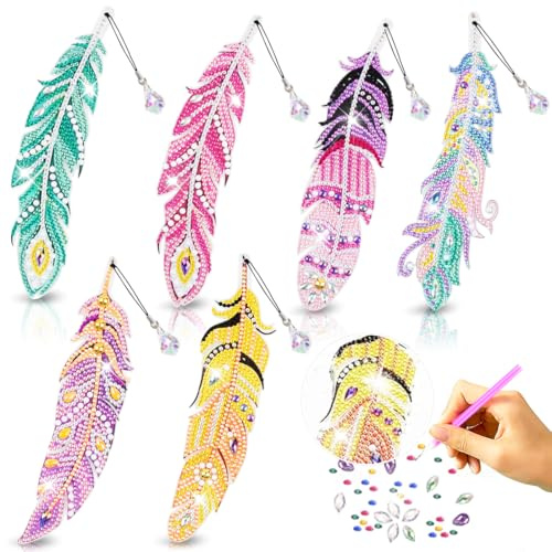 Wishstar Diamond Painting Lesezeichen 6 Stück，Diamant-Malerei Feather Lesezeichen，DIY Lesezeichen Bastelset mit Kristall Anhänger，Geschenk mädchen bastelset，Feather Anhänger