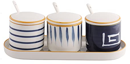 Azucarero de Ceramica,recipientes para Especias, Azucarero de Estilo japonés con Tapa, Juego de tarros de Almacenamiento, salero de Porcelana de Color sólido, for cafetería, Cocina-b-3 Set (Color : F