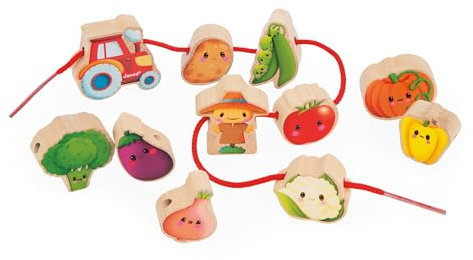 Janod - Fädelperlen - Thema Gemüsegarten - Baby- und Kleinkindspielzeug - 11 Holzperlen für Kinder + 2 Schnüre - Fördert die Handgeschicklichkeit - Spielzeug aus FSC-Holz - Ab 24 Monaten, J03313