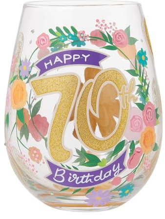 Enesco Lolita Designs Happy 70th Birthday - Bicchiere da vino senza stelo dipinto a mano, 590 ml, multicolore