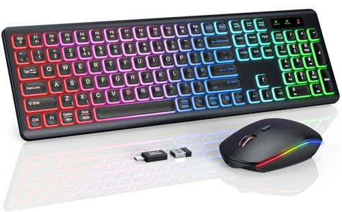 Wireless Keyboard and Mouse Backlight, USB-C Rechargeable & Light Up Keys, Full-size & Tilt Legs, Sleep Mode, 2.4GHz Silent Cordless Keyboard Mouse Combo for Mac OS/Windows/PC/Laptop- Black/QWERTY