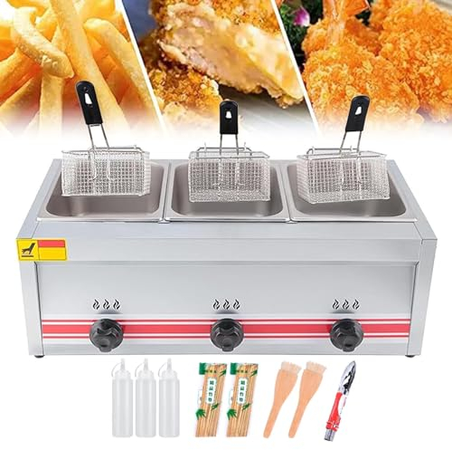 Friggitrice a gas da 30 litri, friggitrice professionale in acciaio inossidabile con cestello rimovibile e coperchio, friggitrice a gas professionale con griglia per condimenti e bottiglie di salsa