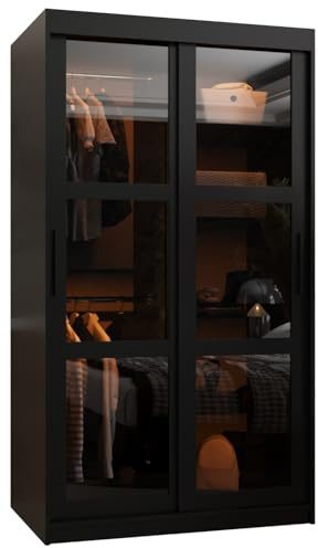 MEBLE KRYSPOL Dome Schrank mit Zwei Schiebetüren mit Spiegel, Stangen und Regalen - Aufbewahrungsschrank mit Rauchglas für Schlafzimmer, Wohnzimmer - 200x100x62cm - Schwarz, Schwarz, Schwarz