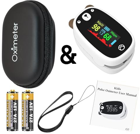 TradeProvider® Kids Pulse Oximeter Oxygen Saturation Monitor with x2 12V battery (Included), Carrier Pouch, Portable Infant Fingertip Heart Rate Detector Device (Infant Oximeter and Pouch)