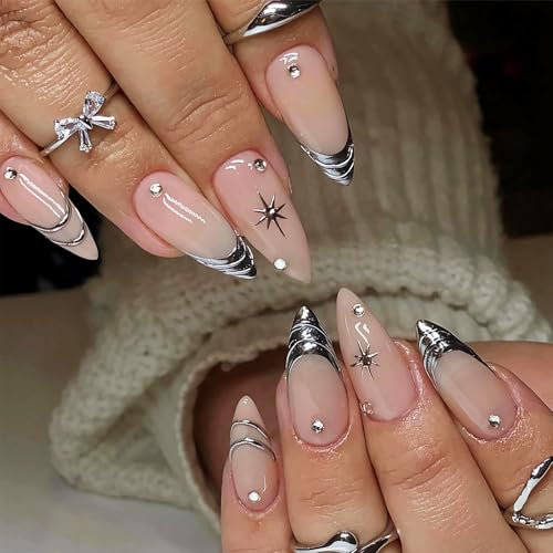 Moguri 24 Stück Silberne Press on Nägel, Lang, Mandelförmig, Stiletto Press on Nägel mit Sternen, Glitzer, Gel-Kleber, Nagel-Set mit Zubehör, für DIY Nagelkunst, Hochzeiten, Valentinstag, Partys