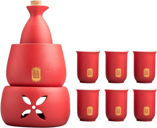 TLTDSMYF Set di sakè in Ceramica con scaldavivande, Include 1 Bottiglia di sakè, 6 Tazze di sakè, 1 Tazza scaldavivande, 1 Stufa riscaldante a Candela, Rosso