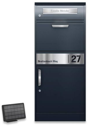Metzler Scatola per pacchi con cassetta postale – Illuminazione LED solare, con incisione personalizzata inclusa (nome, numero civico), acciaio RAL 7016 Grigio Antracite – Modello Bispo 2