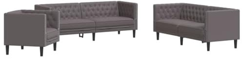 vidaXL Chesterfield Sofa Set 3-TLG., Sofagarnitur mit Kissen, Sitzgruppe für Wohnzimmer, Polstersofa Couch Sessel, Grau Kunstleder