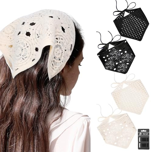 obeoby 4 Pack Crochet Bandanas Headscarf for Spring and Summer, Vintage Floral Hair Bandanas Headband for Music Festival Outfits Girls with Hair Pins
