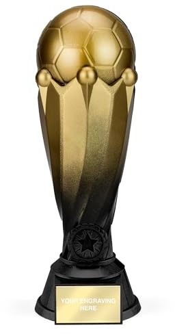 TROPHIESPLUSMEDALS Gold Black Tower Football Trophy, 16cm, Engraving | Gold and black tower football trophy with free engraving on personalised plate, ideal for club and school awards.
