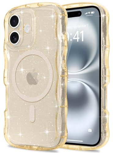 Pepmune für iPhone 16 Hülle Glitzer Kompatibel mit MagSafe, Gold | Transparent Wellenform Handyhülle. Wellen Design TPU Bumper Silikon Case. Stoßfest Schutzhülle für Mädchen.