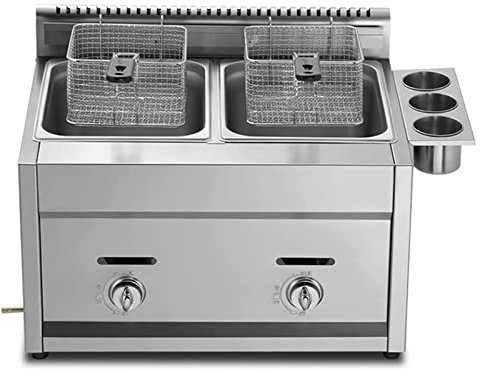 Friteuse professionnelle à gaz GPL à double réservoir de 22 L, en acier inoxydable épais avec paniers et couvercles, puissance de feu réglable et contrôle de la température pour un usage domestique et