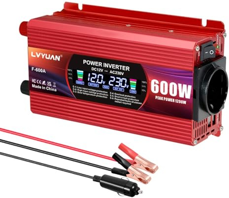 LVYUAN 600W/1200W Wechselrichter DC 12V auf AC 230V Spannungswandler 1 EU Steckdose & 2 USB Port Stromwandler Inverter für Auto KFZ Wohnwagen LKW
