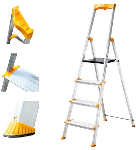 HOSTROM Escabeau 4 marches en Aluminium, Marche Pied Pliable, Porte-Outils, Marches Extra-Large 12cm, Usage Domestique et Professionnel, Garantie 5ans