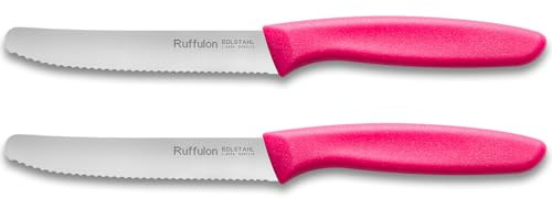 Ruffulon Tafelmesser,2-tlg Buttermesser Set,Edelstahl Tomatenmesser,11cm | Pink Griffe,Klinge aus Rostfreier Stahl,Brötchenmesser mit Wellenschliff,Messerset für Haus&Restaurant,Spülmaschinenfest