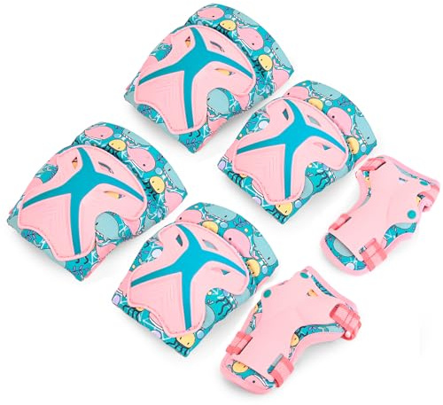 BOSONER Knieschoner Kinder Schoner Inliner Protektoren: 6er Set Schützer Inline Skates Knie Und Ellenbogenschützer Knieschützer Rollschuhe Schutzausrüstung (Rosa/Blau, S (3-8 Jahren))