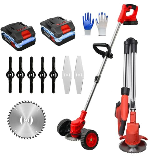 Hooha Tagliaerba a batteria con 3 tipi di coltelli C con batteria da 2 x 2,0 Ah, tagliabordi con manico regolabile e pieghevole, per giardino e prato