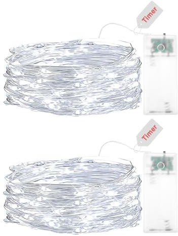 Kaleora 2 Stück Lichterkette Batterie mit Timer, 2M 20 LED Micro Silberdraht Lichterkette Draht Innen Batteriebetrieben, Kaltweiß Lichterketten für Weihnachten Halloween Hochzeit Party Deko