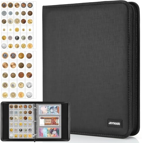 JoyHood Soporte para libros de monedas para coleccionistas de monedas, álbum de monedas para 400 bolsillos, colección de monedas + 15 bolsillos para billetes, carpeta de monedas para colecciones de