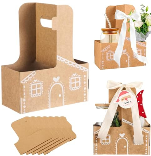 SLERFT Gingerbread House Christmas Box / Cup Holder, DIY Gingerbread Drink Holder, Small Xmas Drinking Boxes with Handle, Holiday Gifts Packaging Carrier for Party Favors and Festive(5PCS)