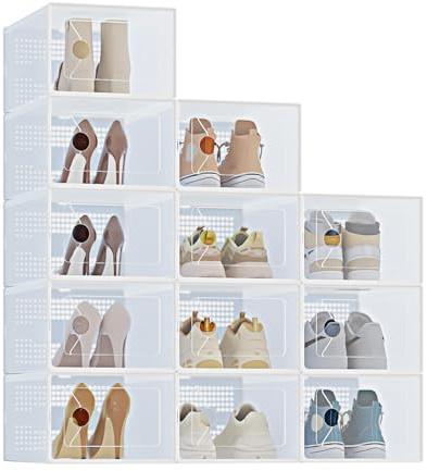 DUMOS Stackable Shoe Storage Boxes, 12-Pack Plastic Shoe Organizers with Lids, Large Shoe Rack & Holder for Closet, Under Bed, Entryway, Sneaker Display and Storage Containers, White