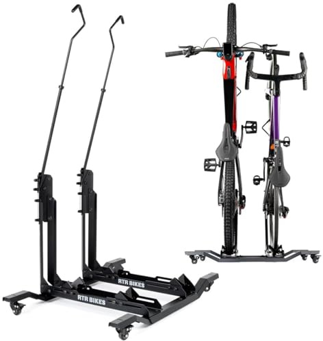 RTR BIKES Double Up Vertikalt Cykelställ Golv för 2 Cyklar - Mobilt på Hjul - Kapacitet 60kg (2x30kg) E-Bike & MTB - Utrymmesbesparande 0,5m² - Utan Borrning - Made in EU