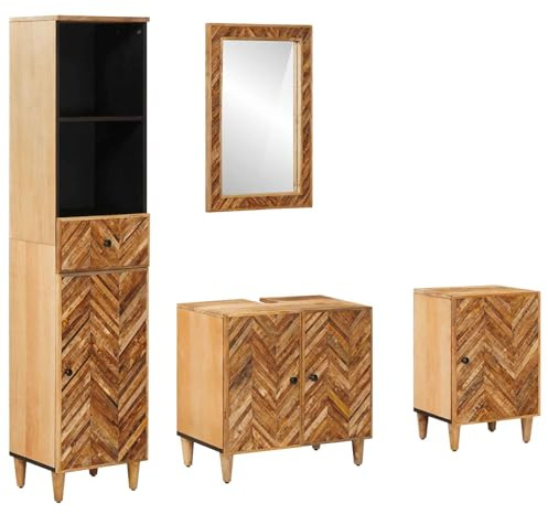 vidaXL Badrumsskåpsset med låda Väggmonterad 4 pcs Massivt mangoträ, Stiligt badrumset, modern förvaring, kompakt handfatsskåp, elegant väggspegel, handdukar, inredningstips