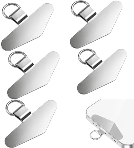 Zirax 5 Pcs Metal Phone Tether Tab, Stainless Steel Phone Lanyard Patch with D-Ring, Universal Anti Theft Phone Strap Attachment for Crossbody and Wrist Lanyards, Silver