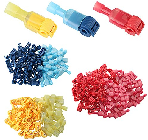 QitinDasen 150Pcs (75 Pairs) Premium T-Abzweigverbinder Schnellverbinder Set, T-Schnellverbinder + Vollisolierter Flachstecker, T-Tap Elektrische Steckverbinder (Rot 60Pcs, Blau 50Pcs, Gelb 40Pcs)