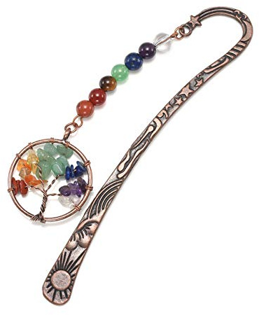 Jovivi Antique Copper Metal Bookmark Beading Bookmarks with Handmade 7 Chakra Healing Crystals Tree of Life Tumbled Gemstones and Round Beads
