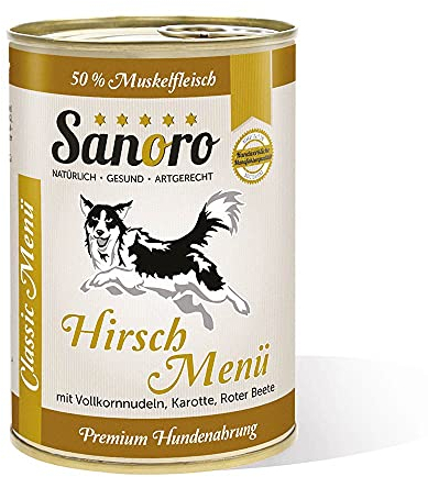 Sanoro Menü Classic Hirsch mit 50% Fleischanteil - Premium Hundefutter in Teil-Bio-Qualität - Hirsch mit Bio-Vollkornnudeln, Bio-Karotte und Bio-Roter Beete - singleprotein (12 x 400g).