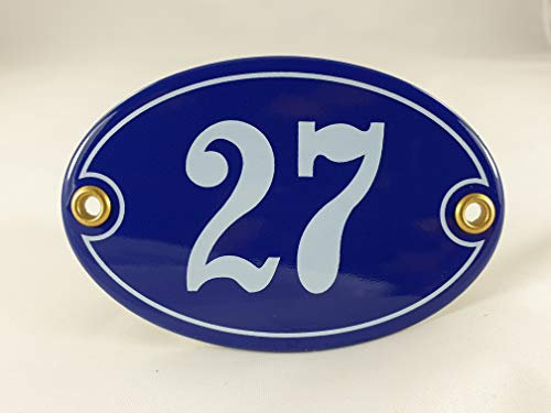Emaille Hausnummer Schild Nr. 27, oval, Blau-Weiß Handarbeit
