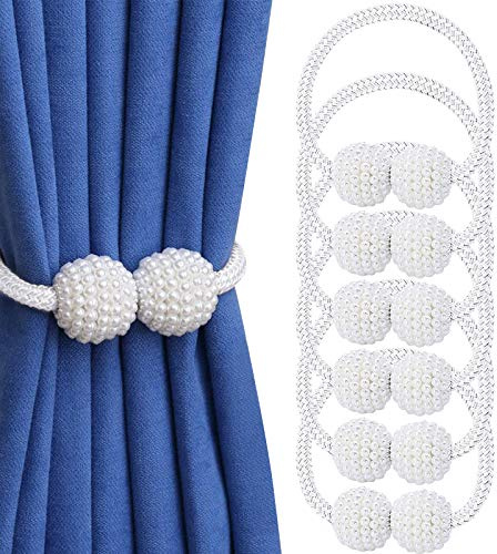 VEGCOO Magnetic Curtain Tiebacks Convenient Drape Tie Backs (6 Pack) - Pearl Decorative Rope Holdback Holder for Home, Office, Hotel Window Decoration, Pretty and Fashion (White)