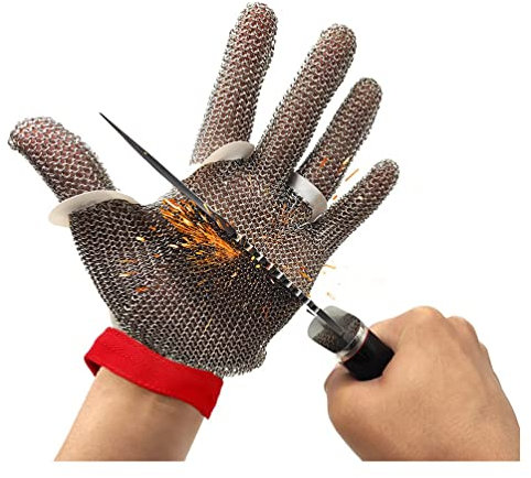 AGYH Anti-cut Gloves Metal Cut-resistant Gloves, Food Grade Safety & Non-slip Stainless Steel Chain Mail Gloves, Adjustable Wrist Strap, 5 PCS (Size : L/225mm)