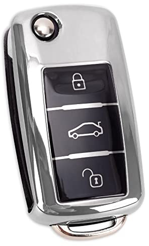 Autoschlüssel Hülle für VW Golf Skoda Seat Schlüsselhülle Cover 3-Tasten TPU Auto Schlüssel Cover (Silber)