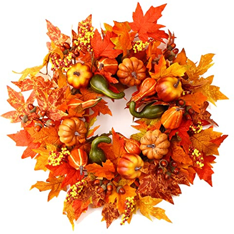24 Fall Wreaths for Front Door Outside,Autumn Wreath for Home Decoration | Fall Door Wreaths with Pumpkins Berries Maple Leaves for Thanksgiving Halloween Decorations Indoor Outdoor Home Fall Decor