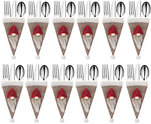 SPRINGOS Besteckhalter Bestecktasche 12 Stück skandinavischer Zwerg Wichtel Weihnachtszwerg mit roter Mütze Weihnachten Tischdekoration Tafeldeko