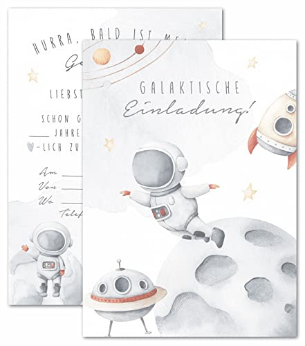 double critical Lemmami Papeterie 8er Set Einladungskarten Kindergeburtstag Weltraum – Motiv Astronaut, Rakete & Mond – DIN A6 Einladungen für Weltraumparty & Weltall Geburtstag – Aquarell Design