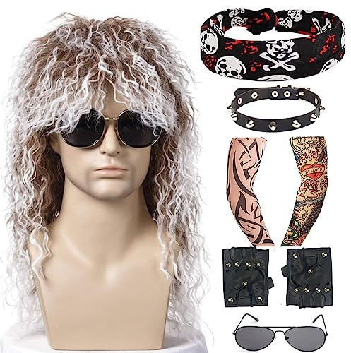 7 Stück Vokuhila Perücke Herren Kostüm Set -TOMIGO Braun Vintage Hip Hop Rocker Star 70er 80er Jahre Perücke für Damen/Herren Halloween Karneval (Braun)
