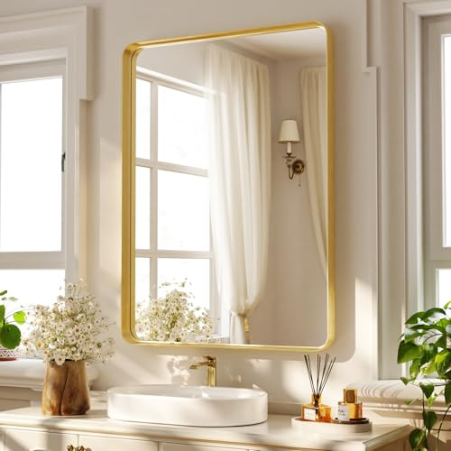 Koonmi Tiefer Rahmen Wandspiegel, 90 x 60 cm Luxus High-End Rechteckiger Badezimmerspiegel, Filetierte Ecke Rahmen Spiegel Horizontal Oder Vertikal Aufgehängt, Gold