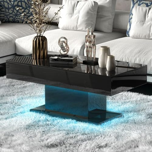 KEEPREAPER Modern Black Coffee Table for Living Room, Living Room Table Rectangular Center Table, High Glossy Wooden Coffee Tables with 16 Colors LED Lights for Dining Reception Room