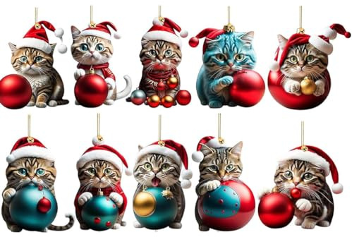 Weihnachtsbaum Katzen Anhänger,10 Stück Süße Katzen Weihnachtsanhänger, Weihnachtsbaumschmuck 2D Acryl Weihnachten Katze,für Weihnachten Deko Auto Anhänger