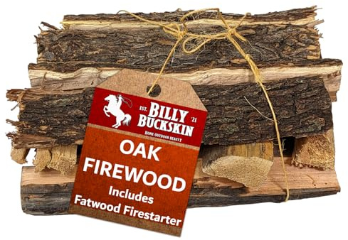 Billy Buckskin 18 LB Oak Firewood Bundle – Seasoned Fire Logs with Fatwood Starter Sticks for Fire Pit, Campfire, Fireplace, Wood Stoves and Outdoor Grilling – Camping Accessories