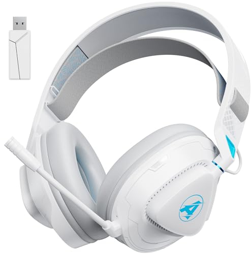 Awinnasey Casque Gaming sans Fil 2,4 GHz pour PS5, PS4, Switch, PC, Mac, Casque de Jeu Bluetooth léger, Casque Bluetooth Over-Ear avec Microphone Amovible, Batterie de 50 Heures, Blanc
