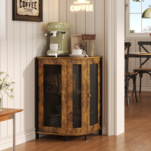 keomaisyto Coffee Bar Cabinet, Corner Coffee Table with Adjustable Shelf, Rustic Brown Wood Metal Coffee Station for Kitchen/Living Room/Dining Room, 18.5 W x 18.5 D x 30.31 H