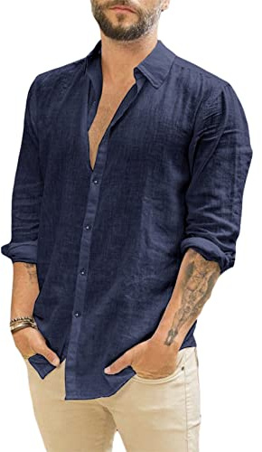 Runcati Camicia da Uomo a Maniche Lunghe in Lino con Colletto rovesciato, Camicia Casual da Lavoro, Camicia Estiva, Blu Scuro, L