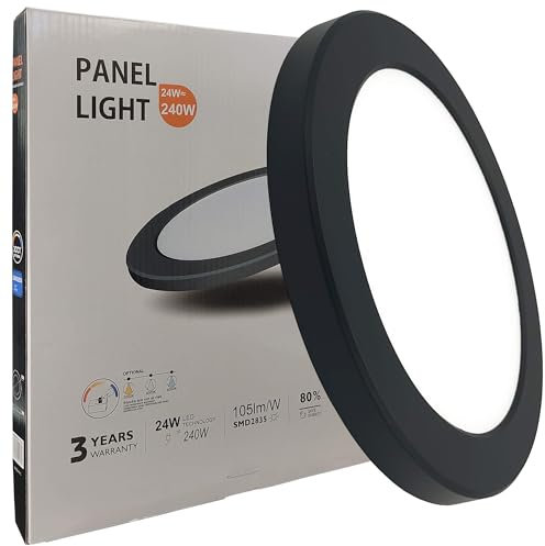 FactorLED Plafón Led Techo Circular Negro, 24W (240W), 2400Lm, Lámpara Empotrable Ajustable, Opción Superficie y Downlight, Luz Blanca seleccionable 3000K 4000K y 6000K, Ø291x18mm (24, Vatios)